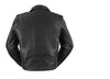 Men's black leather motorcycle jacket by FIRST MFG, plain side design, featuring classic style and durable leather material.