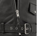 Men's black motorcycle leather jacket by FIRST MFG, plain side design, stylish men's jacket with a sleek leather finish.
