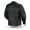 Men's motorcycle café style leather jacket by First MFG, shown in black with front zipper and classic biker design.