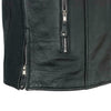 Men's motorcycle café style leather jacket by FIRST MFG, featuring a rugged black leather design and classic motorcycle-inspired details.