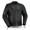 Men's café style leather motorcycle jacket by FIRST MFG, featuring classic design and detailed craftsmanship.