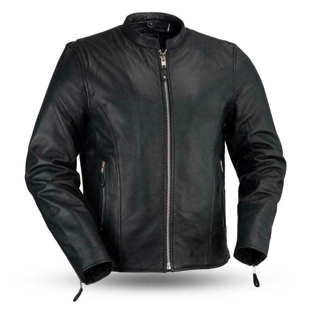 Men's café style leather motorcycle jacket by FIRST MFG, featuring classic design and detailed craftsmanship.