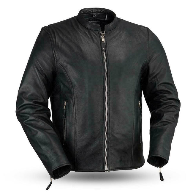 Men's café style leather motorcycle jacket by FIRST MFG, featuring classic design and detailed craftsmanship.