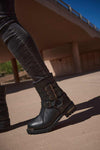 Milwaukee Leather women's black leather biker boots with 9-inch triple buckles and side zipper entry, stylish and durable footwear