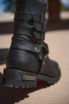Milwaukee Leather Women's 9-Inch Black Leather Biker Boots with triple buckle straps and side zipper entry.