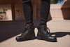 Milwaukee Leather Women's 9-Inch black leather biker boots with triple buckle straps and side zipper entry.