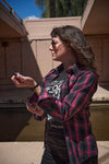 Milwaukee Leather women's black and pink long sleeve cotton flannel shirt, casual textile clothing with button-up design.