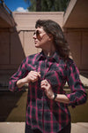 Milwaukee Leather women's black and pink long sleeve casual cotton flannel shirt, stylish textile clothing for women.