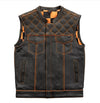 Men's motorcycle leather vest by FIRST MFG in orange checker pattern, featuring sturdy leather and a sleeveless design.