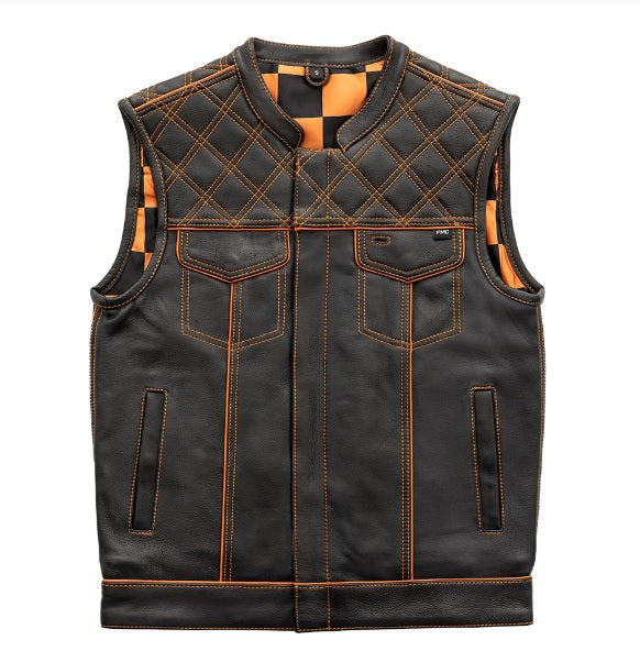 Men's motorcycle leather vest by FIRST MFG in orange checker pattern, featuring sturdy leather and a sleeveless design.