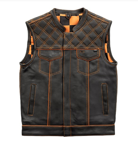 ORANGE M050 | Orange Checker - Men's Motorcycle Leather Vest - HighwayLeather