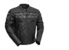 Men's motorcycle leather jacket from Savage Skulls by FIRST MFG, featuring skull graphic design and classic biker style.
