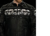 Men's motorcycle leather jacket from Savage Skulls by FIRST MFG, featuring skull graphic design and classic black leather style.