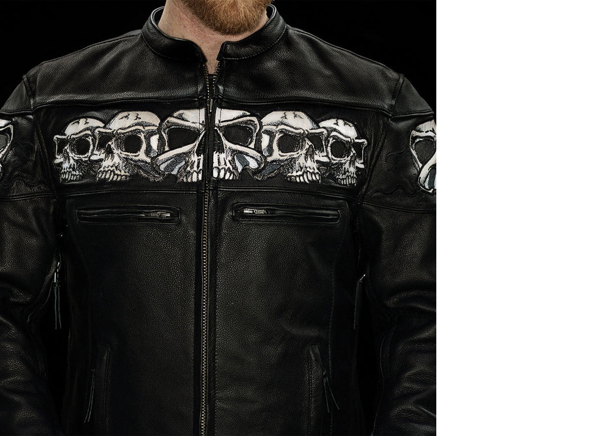 Men's motorcycle leather jacket from Savage Skulls by FIRST MFG, featuring skull graphic design and classic black leather style.