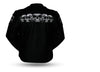 Men's motorcycle leather jacket from FIRST MFG's Savage Skulls collection, featuring skull graphic design and classic black leather.