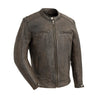 Brown men's motorcycle leather jacket from FIRST MFG, styled as a hipster with detailed stitching and classic biker design.