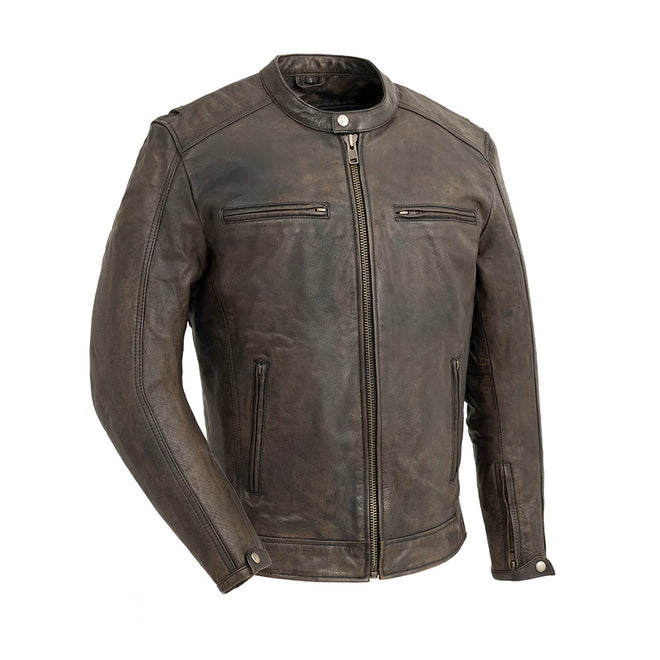 Brown men's motorcycle leather jacket from FIRST MFG, styled as a hipster with detailed stitching and classic biker design.
