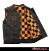 Men's motorcycle leather vest in orange checker pattern by FIRST MFG, featuring a stylish, durable design for riding enthusiasts.