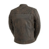 Men's brown motorcycle leather jacket by FIRST MFG with a rugged style, featuring a classic fit and detailed stitching.