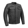 Men's black Raider motorcycle leather jacket by FIRST MFG, featuring a classic design and durable leather construction.