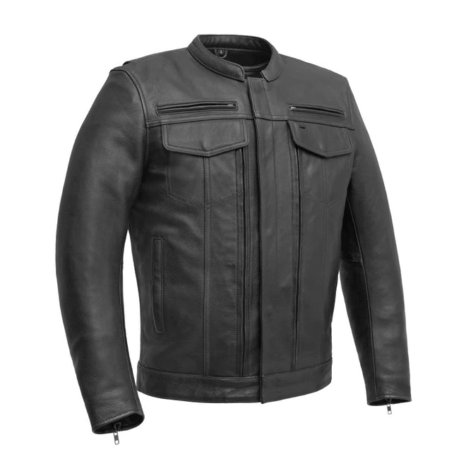 Men's black Raider motorcycle leather jacket by FIRST MFG, featuring a classic design and durable leather construction.