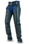 Buffalo Leather Gear classic leather chaps with jean pocket style, featuring a traditional design and durable craftsmanship.