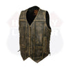 Buffalo Leather Gear men's charcoal brown Hamilton washed leather motorcycle vest with beige accents and classic design.