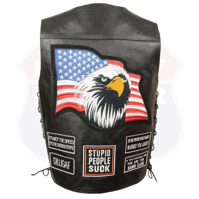 Milwaukee Leather men's side lace vest with eagle and flag patches, featuring pre-patched design and adjustable lace sides.