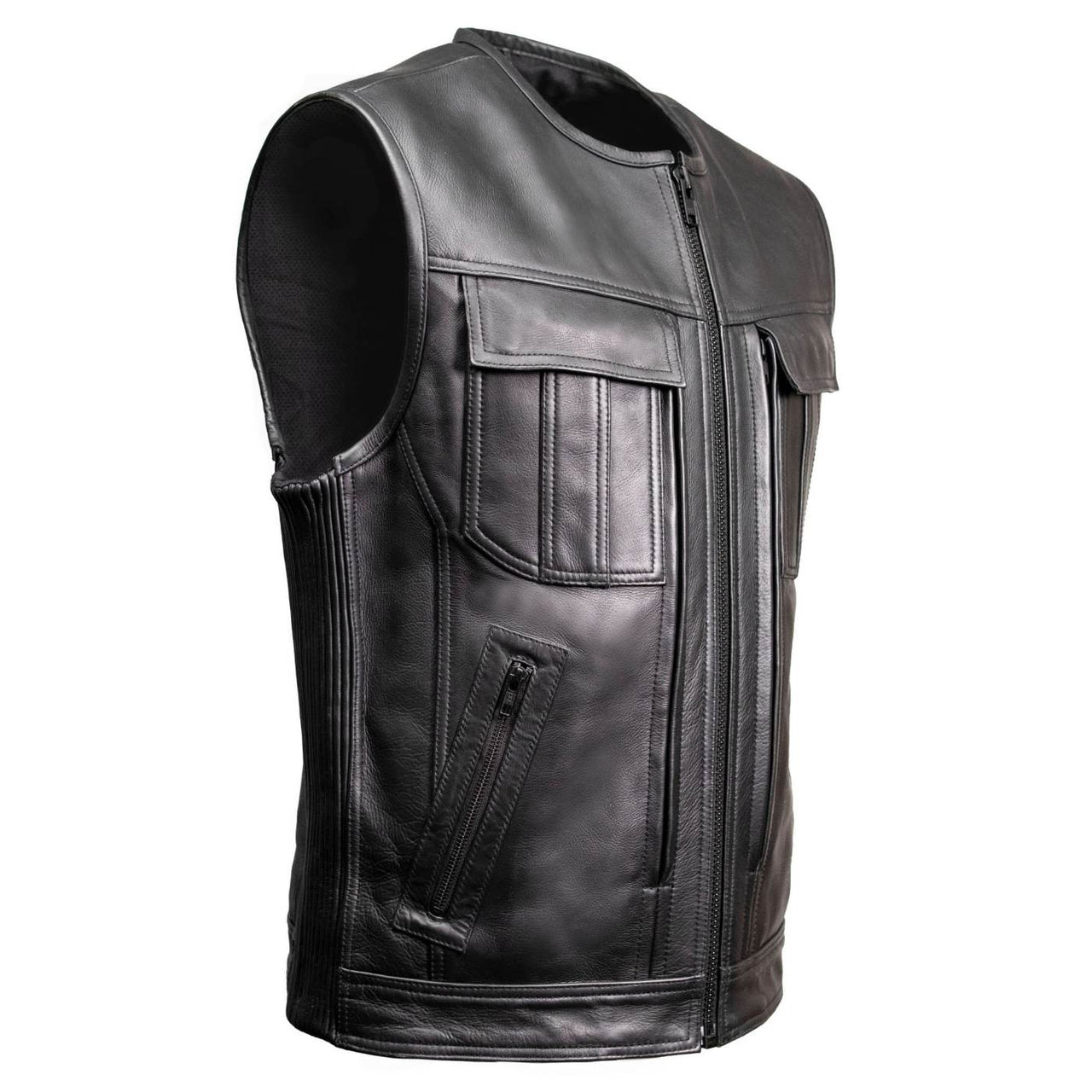 MMC30001 Men's Quick-Draw Stylesh Premium Black Leather MC Biker Vest