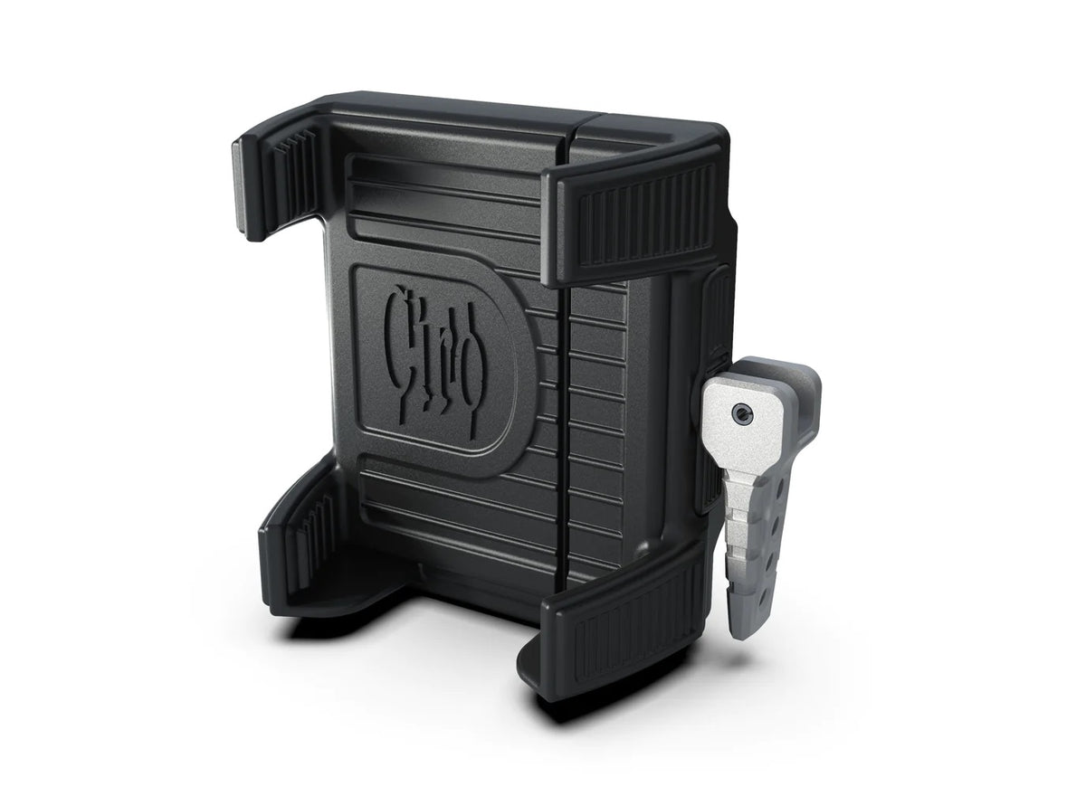 Drag Specialties Ciro cup and phone holder mount with black perch for motorcycle handlebars, shown attached to a handlebar.