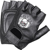 Men's leather fingerless gloves with flaming skull embroidery by HighwayLeather, showcasing rugged style and detailed craftsmanship.