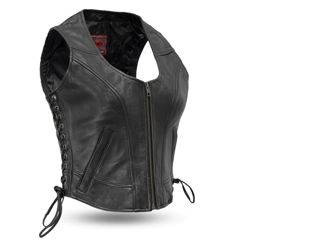 Black Raven women's motorcycle leather vest by FIRST MFG, featuring a fitted design and front zipper closure.
