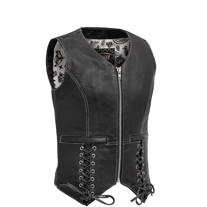 First MFG Love Lace women's motorcycle leather vest with lace details, black leather, and fitted design.