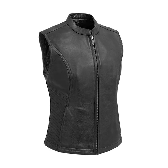 Nina women's motorcycle leather vest by FIRST MFG, black leather vest with zip closure and stylish design.