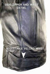 Black men's leather motorcycle jacket with armor, BUFFALO LEATHER GEAR Xelement B9119 Frenzy style, featuring a sleek, armored design.