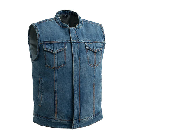 Men's blue motorcycle denim vest by FIRST MFG, features rugged denim fabric and classic vest style for riding and casual wear.