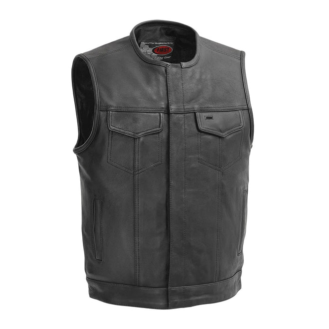 Men's motorcycle leather vest by FIRST MFG, No Rival FIM639NOC, featuring a sleek black design and durable leather construction.