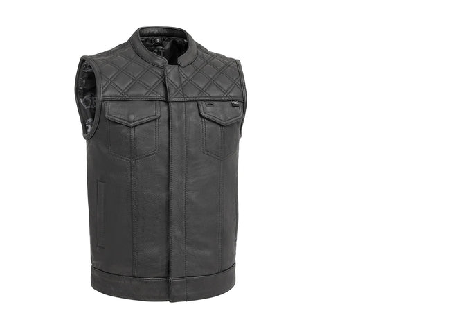 Men's black leather motorcycle vest with double diamond stitch details, made by FIRST MFG, featuring a sleek, classic design.