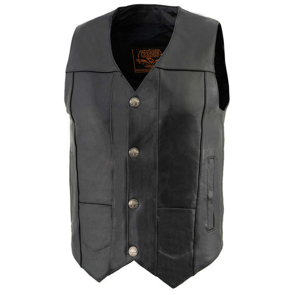 LKM3700 Men's Black Leather Classic V-Neck Motorcycle Rider Vest w/ Bu ...