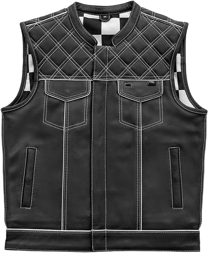 WHITE M041 | White Checker - Men's Motorcycle Leather Vest - HighwayLeather