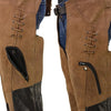 Milwaukee Leather women's 2-tone beige and black motorcycle riding chaps with leather construction and secure waist closure.