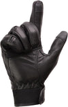 Men's leather riding gloves with stretch knuckles and touchscreen fingertips by HighwayLeather, shown with detailed stitching and durable design.