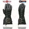 Men's leather gauntlet gloves with studs and conchos, stylish HighwayLeather gloves showing detailed studded design and rugged leather.