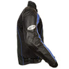 Milwaukee Leather men's black and blue armored moto jacket with textile and leather panels, featuring protective armor for riding.