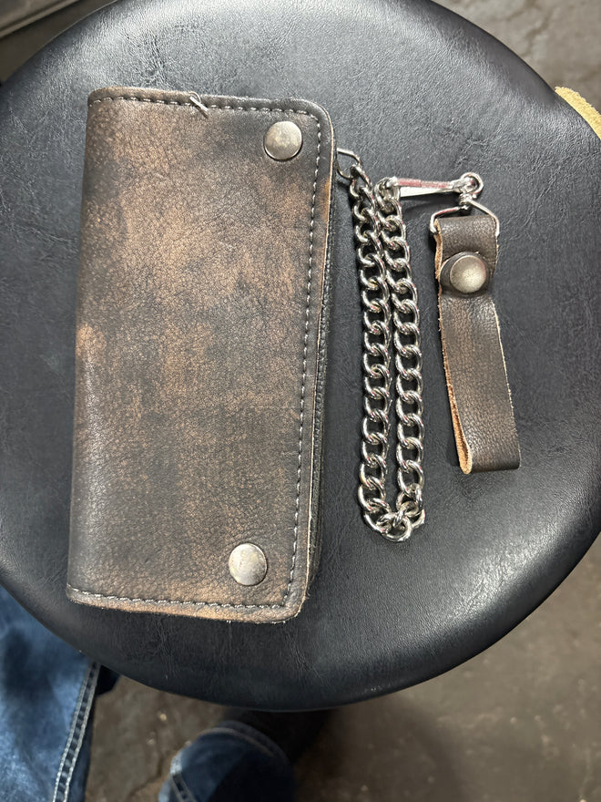 Brown Dealer Leather bifold chain wallet with metal chain and multiple card slots, designed for secure, stylish everyday use.
