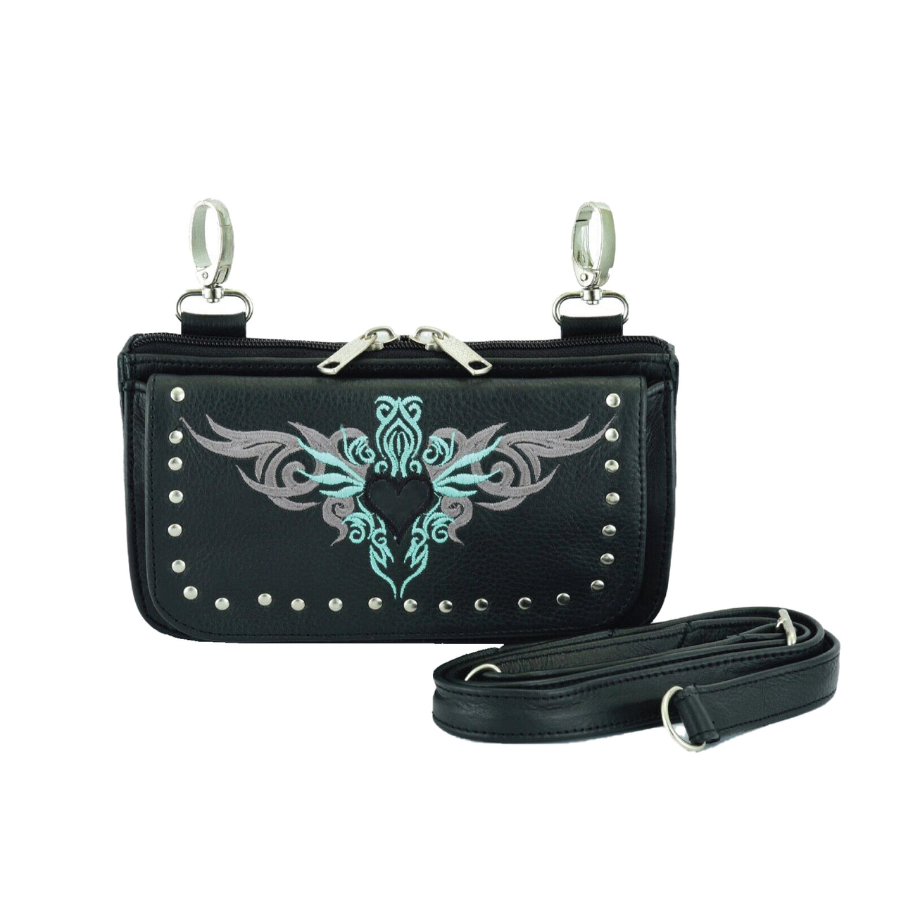 HL80156TEAL Turquoise tribal Heart Hip Clip Leather Bag Women TEAL Waist Bag Fanny Pack Motorcycle Biker TEAL
