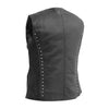 Black women's leather motorcycle vest with side stretch panels and studded accents by Buffalo Leather Gear