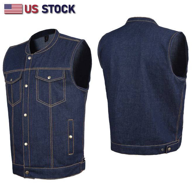 Buffalo Leather Gear men's blue denim vest with contrast thread, 100% cotton, featuring a classic sleeveless design.