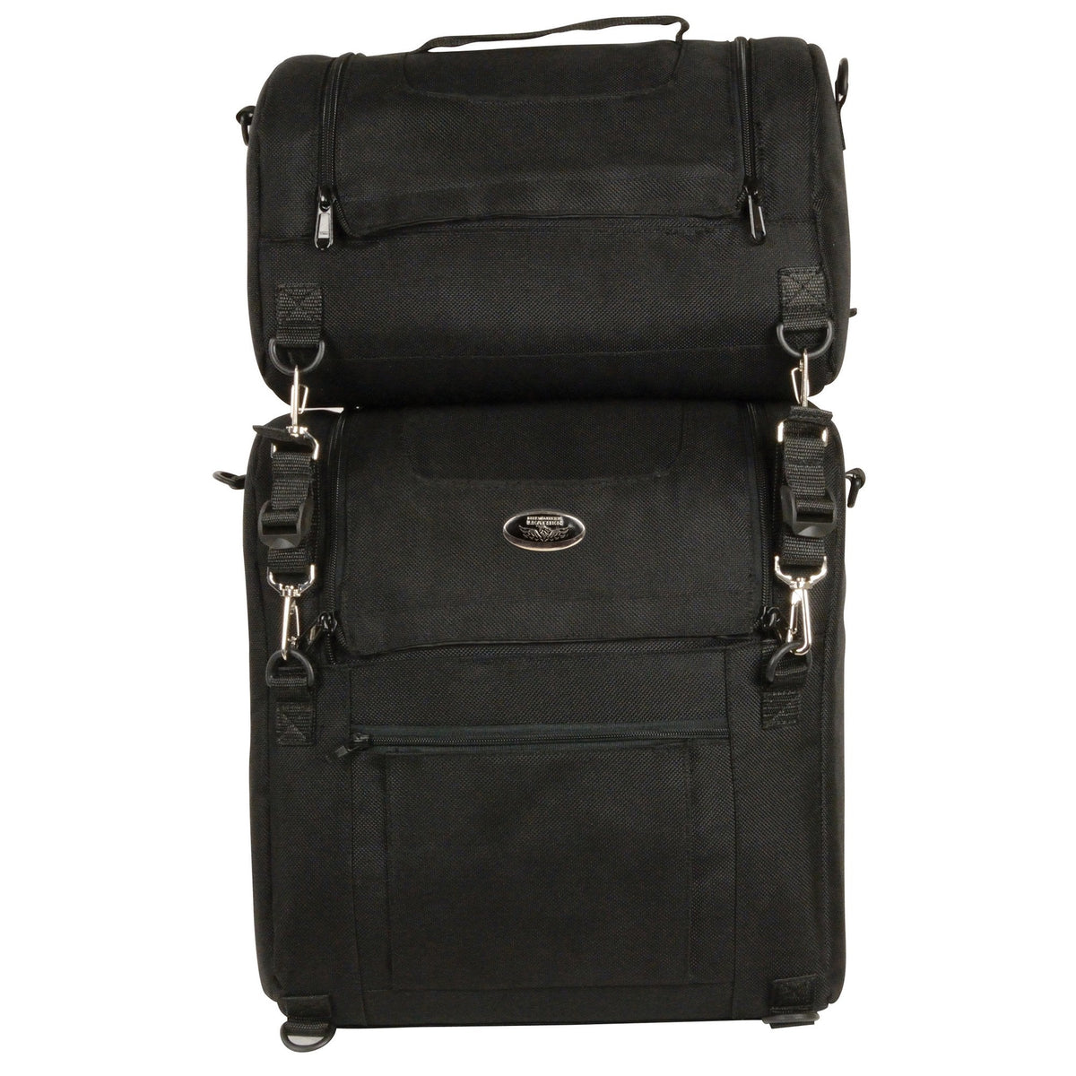 Milwaukee Leather MP8120 black textile motorcycle 2-piece combo sissy bar bag set for bikers, featuring spacious storage and durable design.