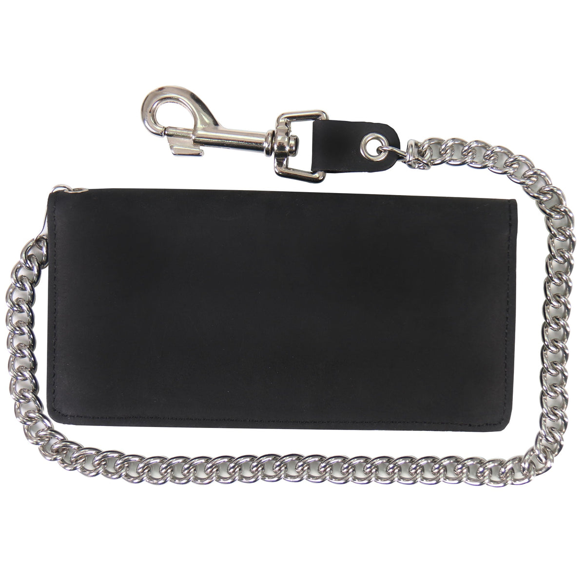 Hot Leathers black leather bi-fold wallet with credit card slots and chain, made from naked leather for a rugged look.
